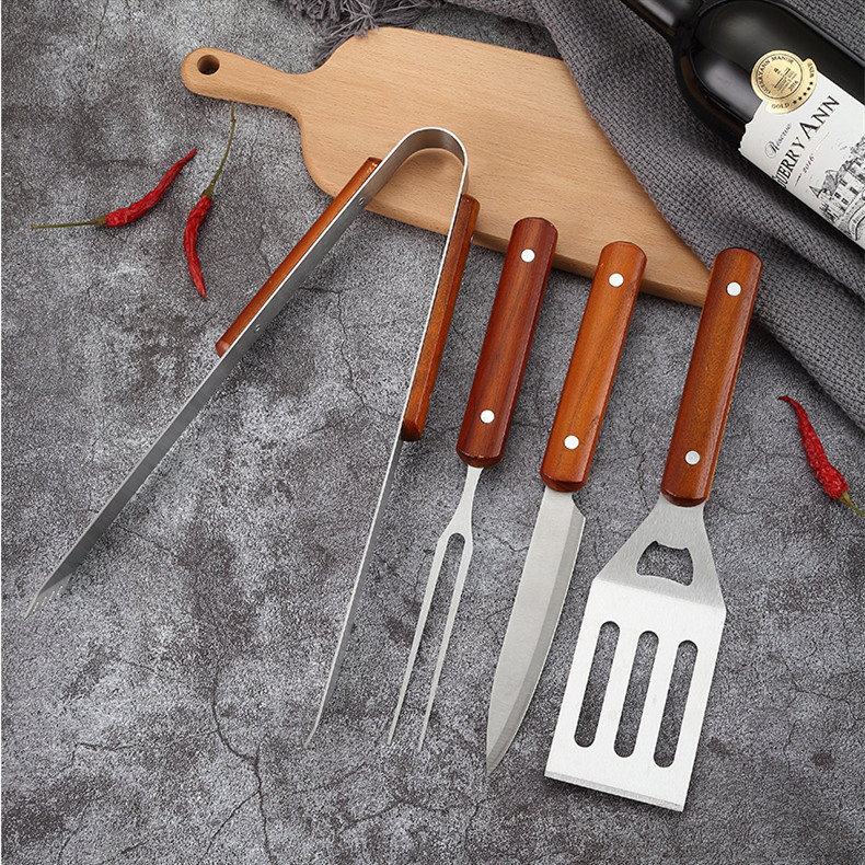 4PCS Wooden Handle BBQ Tools Set Stainless Steel Grilling Accessories