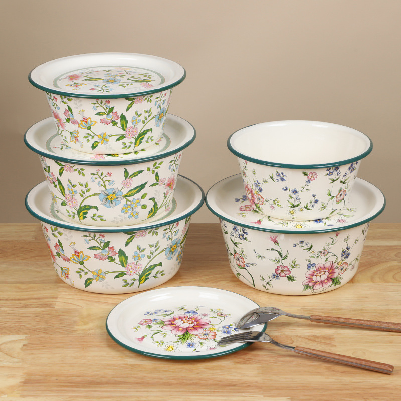 Household Extra-Thick Flat-Cover Printed Enamel Hand-Washing Bowl