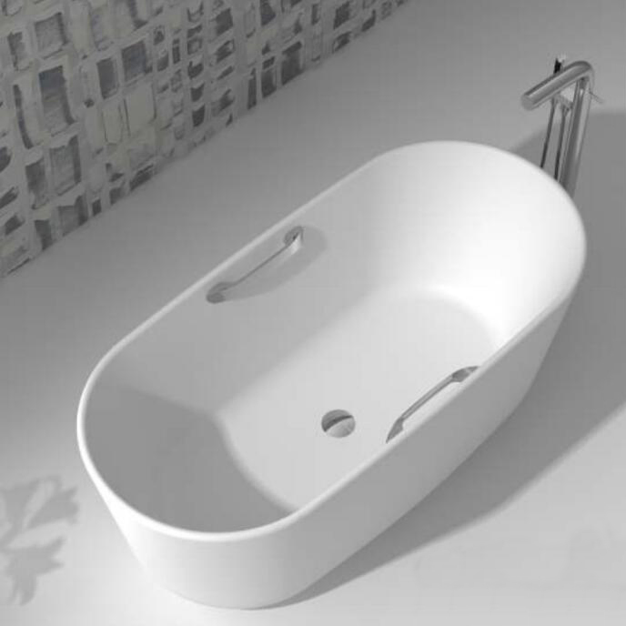 Ortonbath White Oval Solid Surface Acrylic Freestanding Hot Swim SPA Bathtub Bath Tub Freestanding Palstic Sanitary Ware Bathtub with 2 Grab Bar