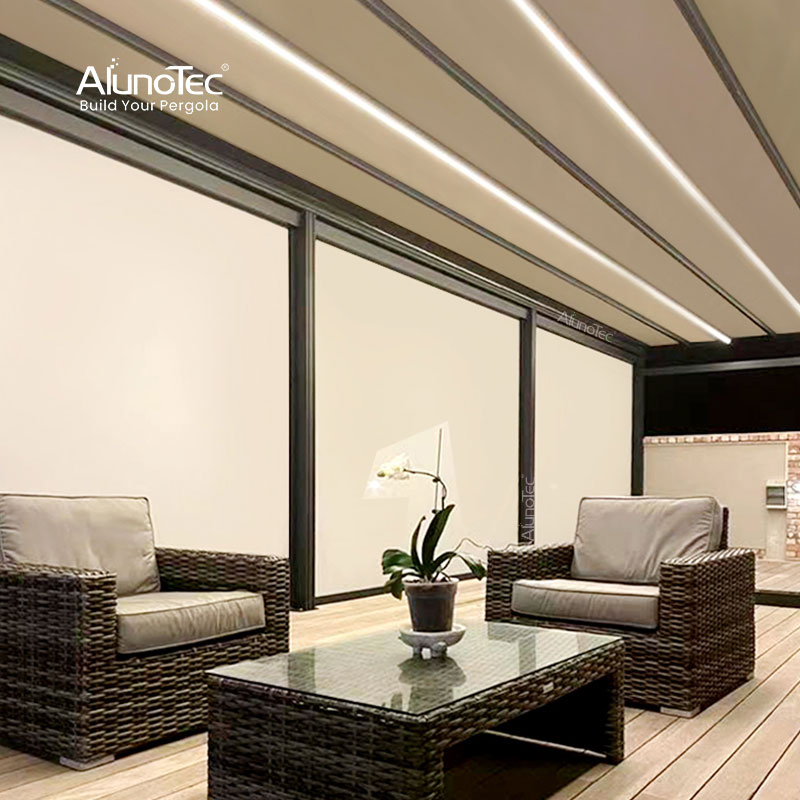 AlunoTec Outdoor Party Electric Roof Awning with LED Lights and Roller Blinds