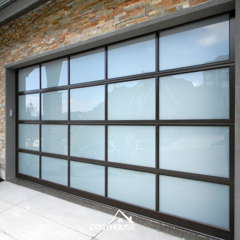 Contemporary Brown Aluminum Garage Door with Frosted Glass Inserts for Privacy