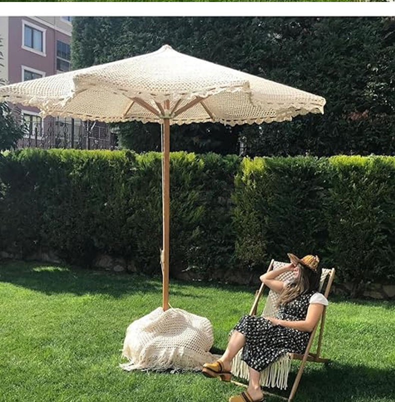 Пляжный зонт макраме с кистями, деревянная ручка