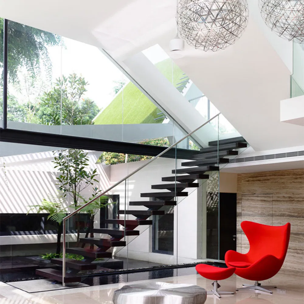 Indoor Metal Beam Wooden Straight Stairs with Irregularity Landing