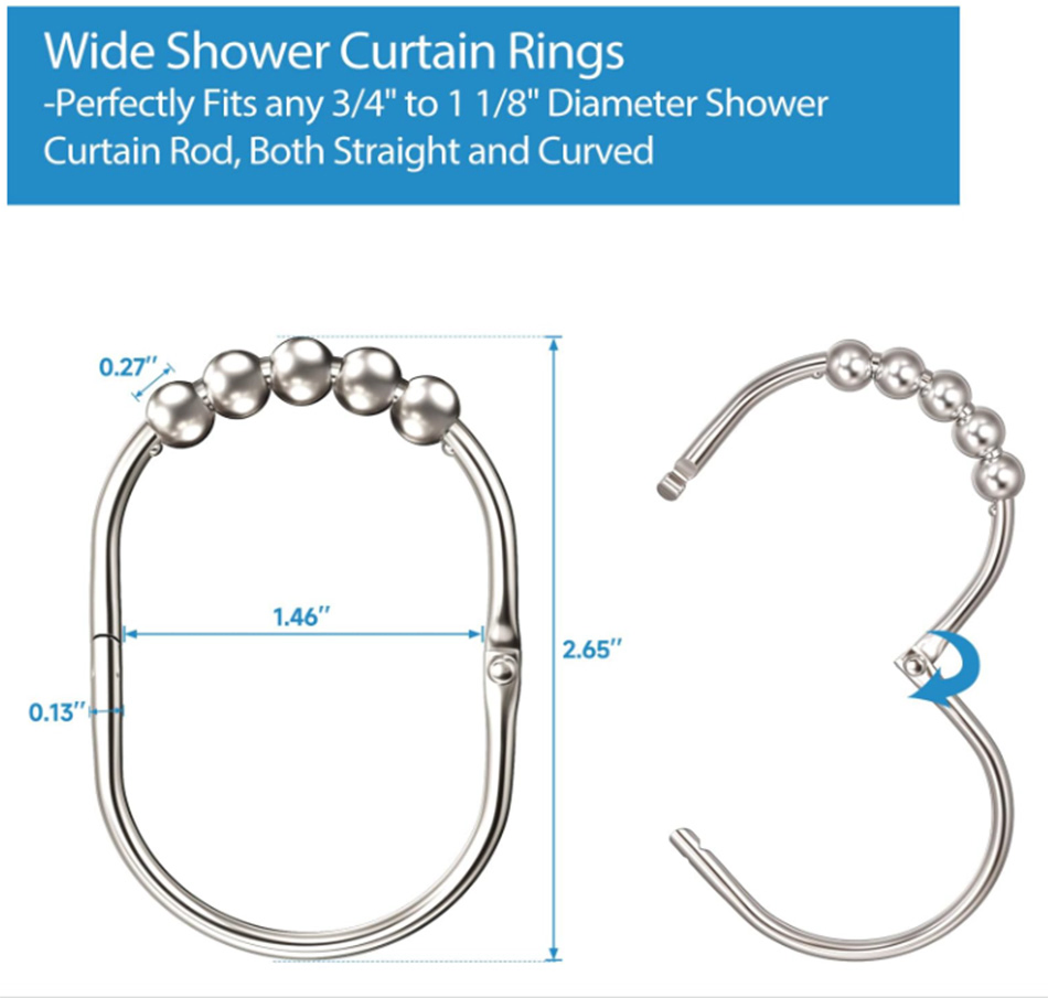 12PCS Wide Stainless Steel Shower Curtain Hooks Rings Heavy Duty Shower Hooks