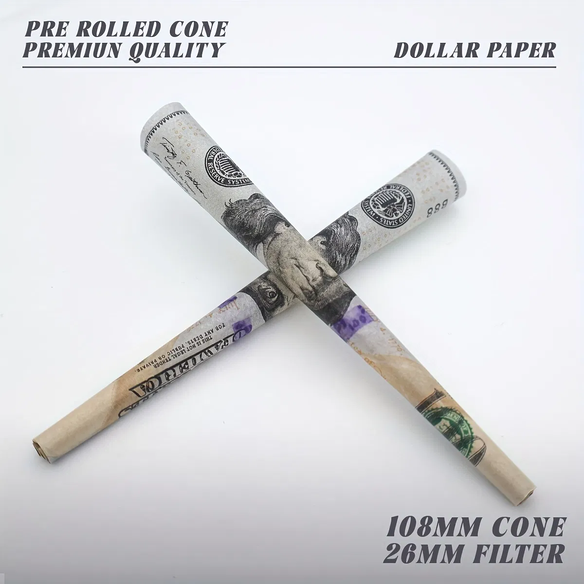 Custom 100 Dollar 108mm Bill Cigarette Smoking Rolling Paper Pre Rolled Cones
