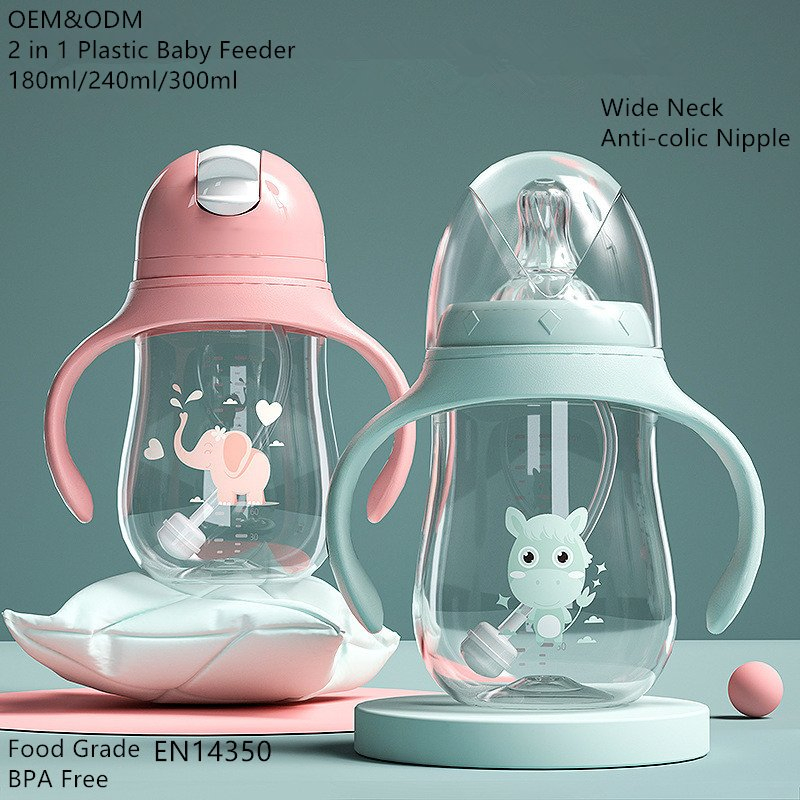 Customized 2 in 1 Water Bottle Plastic Baby Feeding Bottle with Anti-Colic Silicone Nipple Baby Feeder Nursing PPSU Milk Bottle with Handle Baby Product