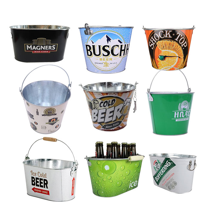 Hot Sale Beer Beverage Tin Customized Printing Ice Bucket Metal Bucket with Handle for Benchmark Redhook Gdanska