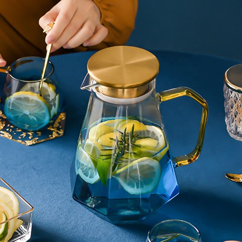 Luxury Blue Glass Water Kettle Set with Diamond Bottom and Golden Handle
