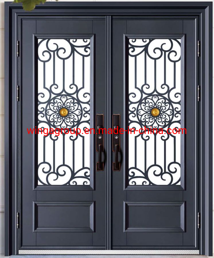 Black Colour Wrought Iron Security Steel Glass Metal Single and Double Entry Front Entrance Door