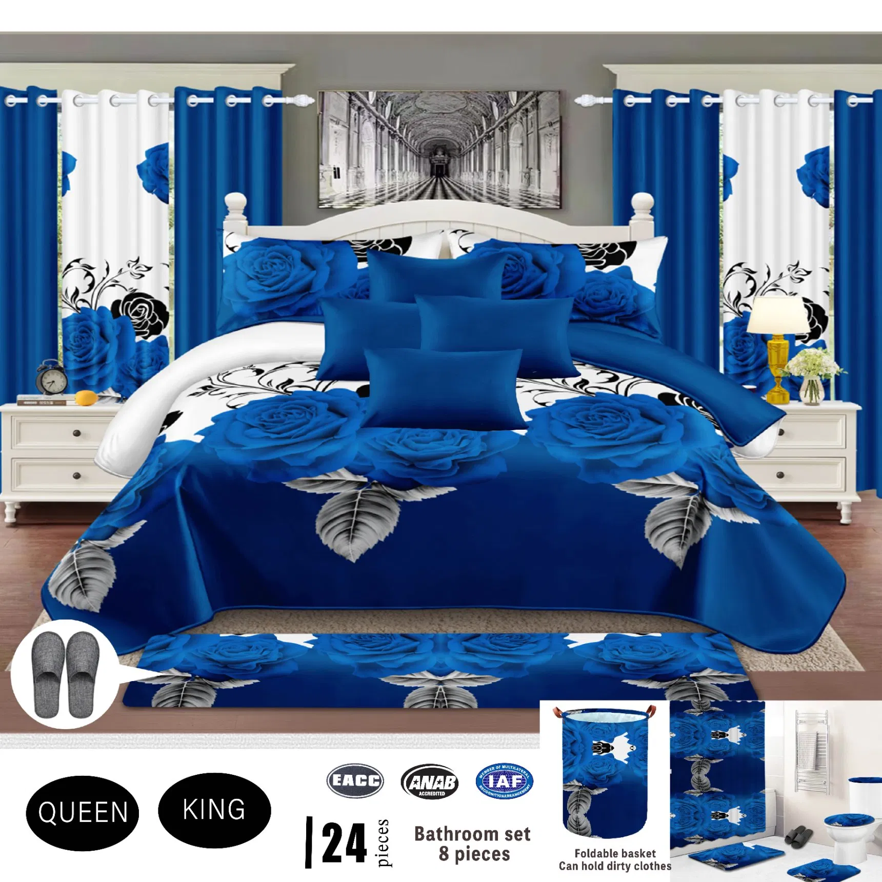 Blue Bathroom 8PCS Suite ODM/OEM Home Textile Printed 24 Pieces Bedding Set Polyester Bed Cover High End Quilted Bed Sheets Bedspread with Curtains Wholesaler
