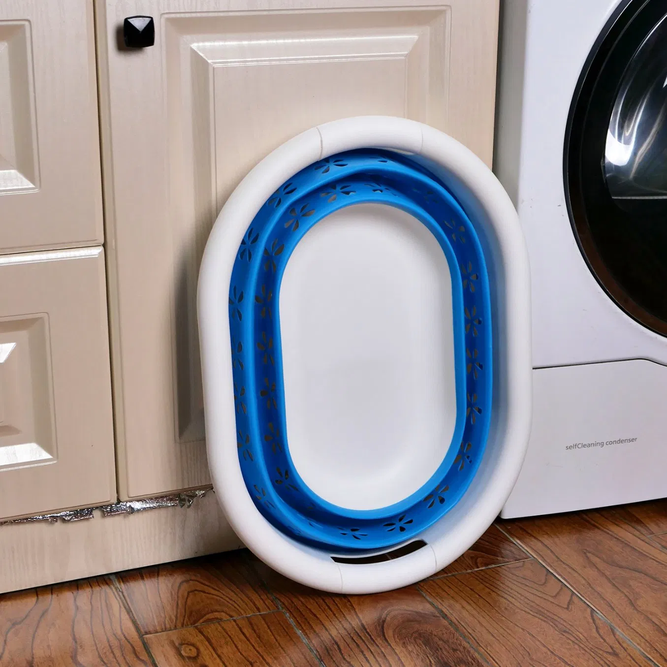 Blue Collapsible Plastic Laundry Basket Silicone, Space Saving Storage Container Toys Organizer