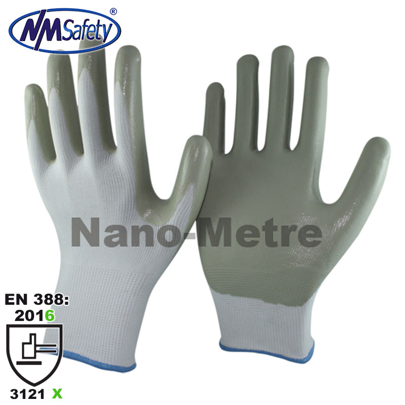 Nmsafety Polyester Palm Coated Grey Nitrile China Safety Work Gloves