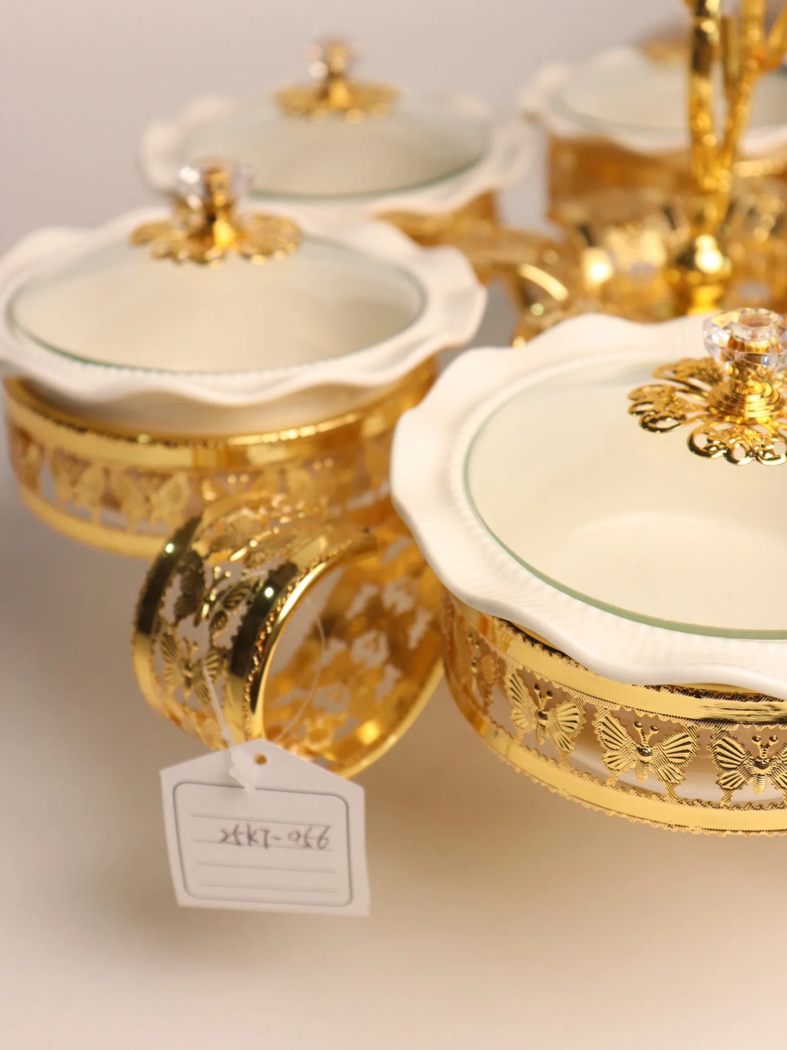 Home Ornament Gold-Plated Iron Frame with Large Size 6-Panel Ceramic Bowl