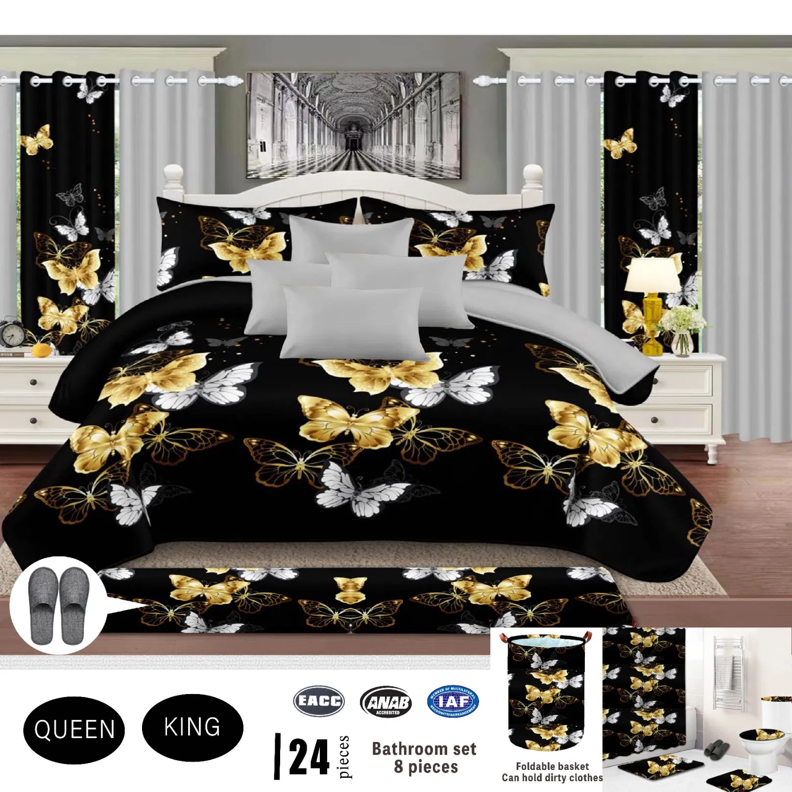 White 24PCS Home Textile 8-Piece Bathroom Bedding Set Queen King Size Bed Cover Premium Pillow Shams Bed Sheets Bedspread with Curtains