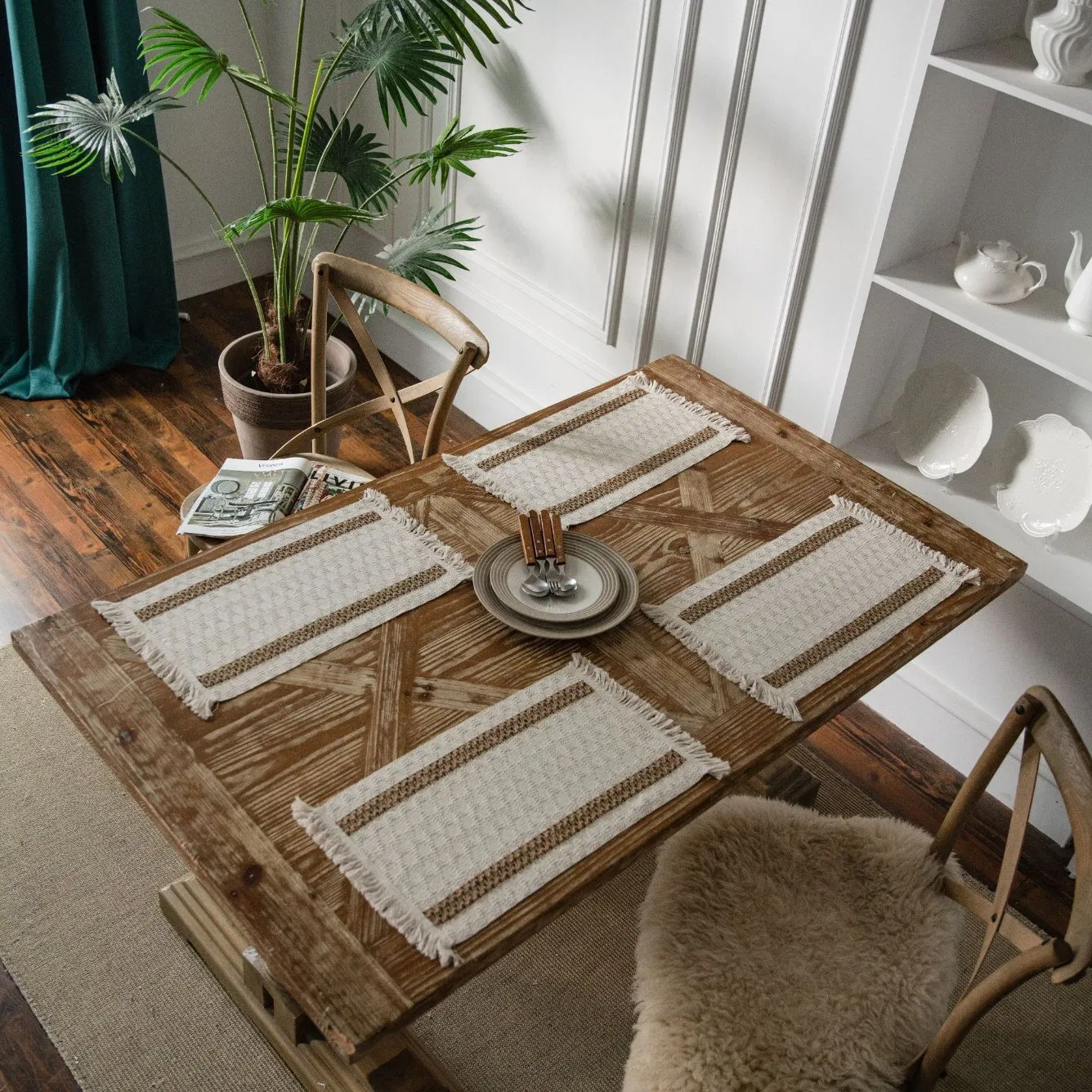 Xinlan Braided Jute Coasters Colorful Striped Place Mats with Fringe Boho Chic Tableware for Festive Dining Decor