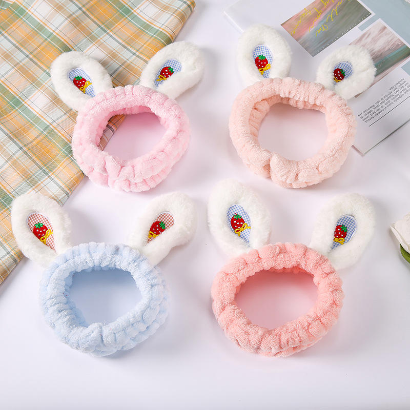 Women Fashion Soft Flannel Bunny Ear Cosmetic Shower Elastic Headband