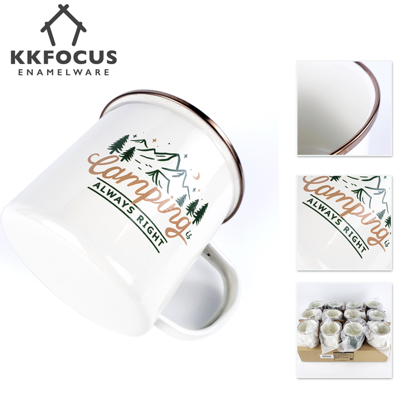 Enamel Mug Cup Green White Couple of Set Golden SS304 Rim