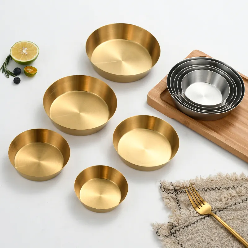 Wholesale 18/8 304 Stainless Steel Korean Golden Snack Square Plate Rice Salad Noodles Basket Dessert Plate