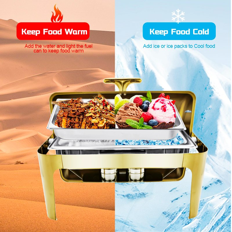 Daosheng Luxury Hotel Supplies Roll Top Gold Stainless Steel Food Buffet Warmer Chafing Dish Rectangle Buffet Stove