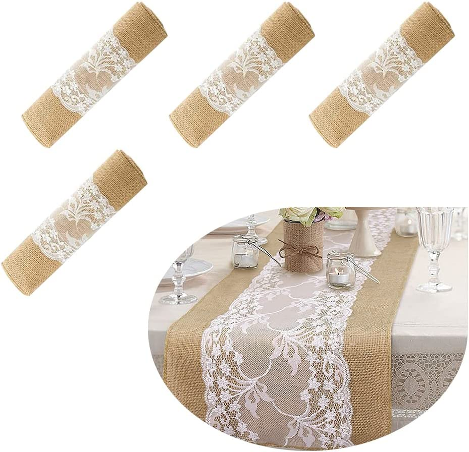 12 Inch Width Natural Burlap Lace Jute Table Runner for Wedding