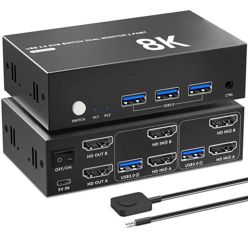 8K HDMI Kvm Switches 2 USB 2.0 2 USB1.1 Dual Monitor Switcher Display Displayport Monitors Computers Kvm Switch with HDMI