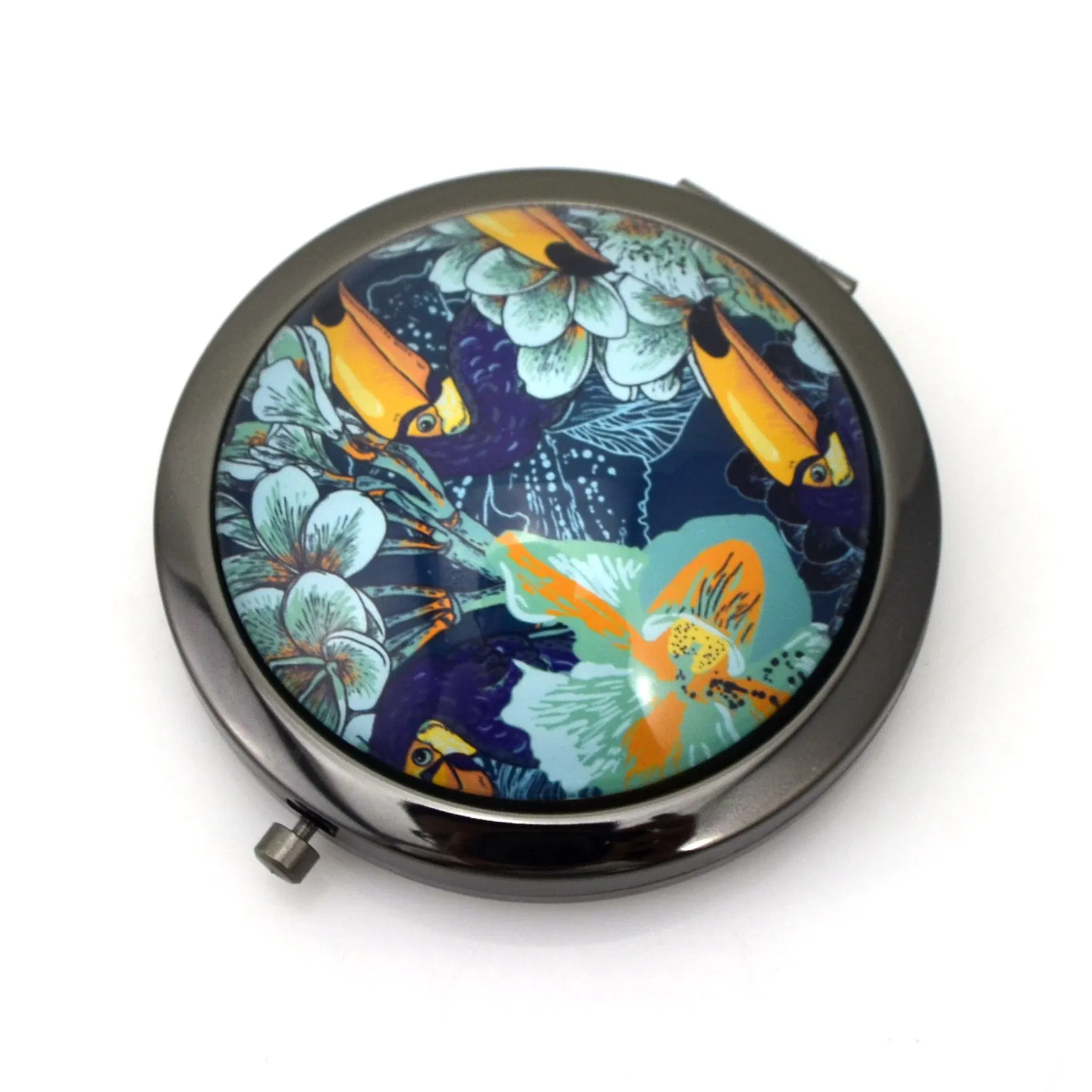 Exquisite Vintage Print Small Round Mirror for Makeup, Magnifying Folding Pocket Mirror