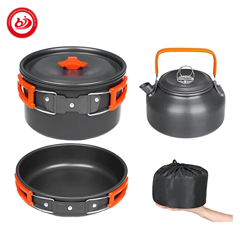 Stainless Steel Outdoor Camping Cookware Set Tea Pot Mess Kit with Kettle Cup Dishes Hiking Picnic Cookset