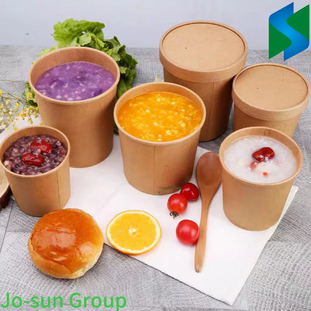 Jo-Sun Factory Outlet Biodegradable Disposable Kraft Paper Brown Hot Soup Bucket with Lid