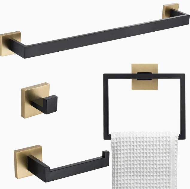 5-Piece Black Stainless Steel Bathroom Hardware Accessories Set with Towel Bar, Hooks, Holder and Ring