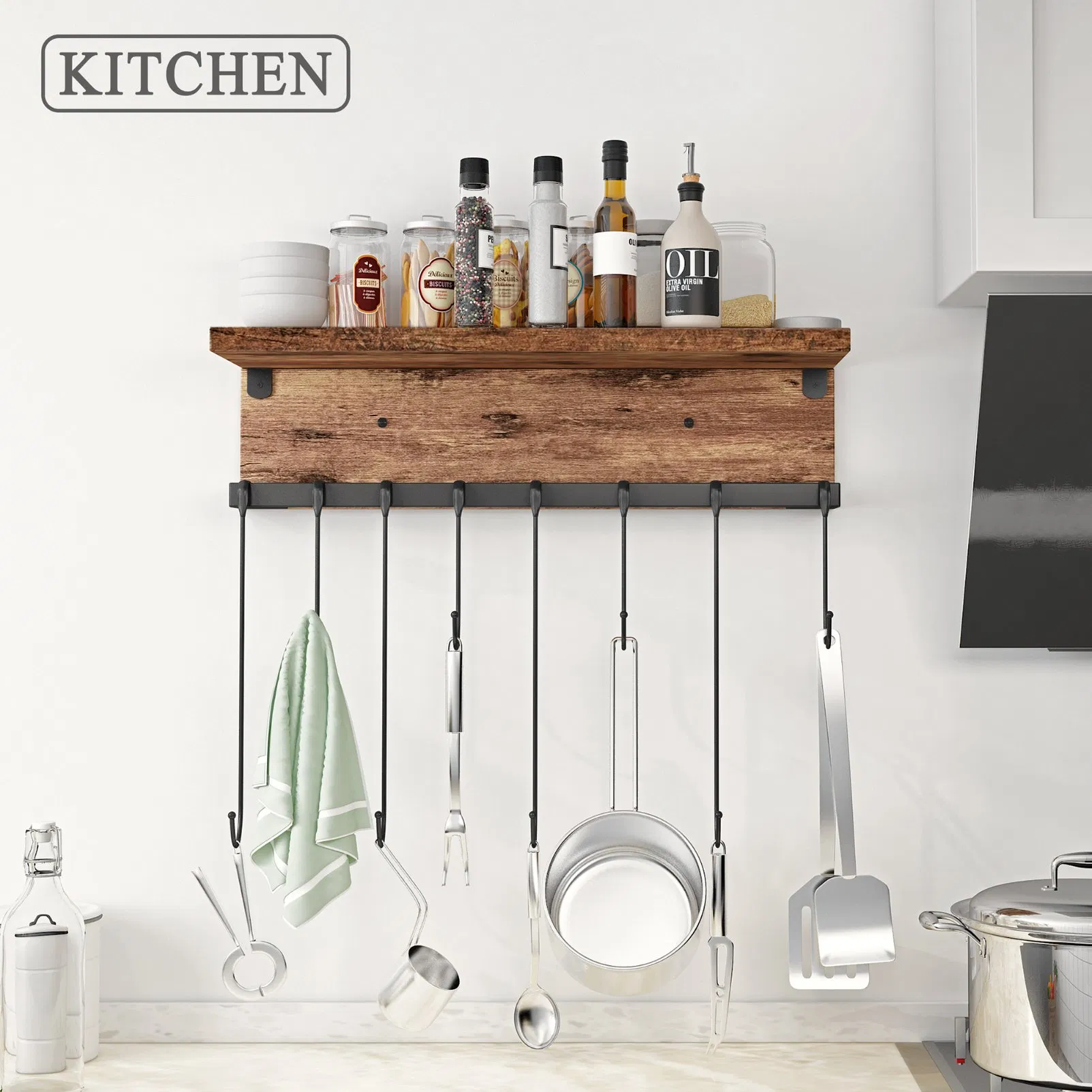 Wall Mounted Metal Wood Hook Rack Shelf for Kitchen Bathroom Hanger Organization