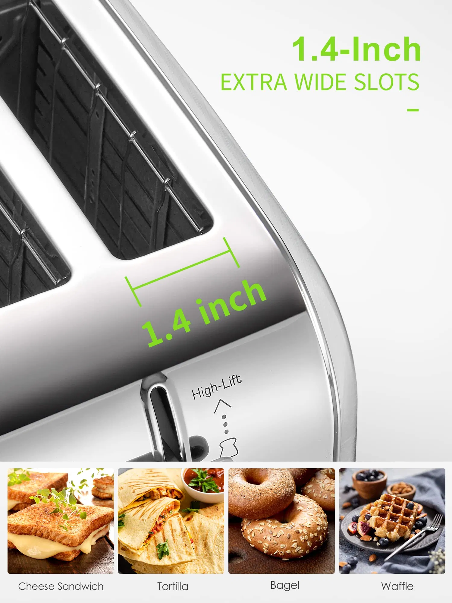 Great Quality Silver Extra Wide Slots Stainless Steel 4 Slice Toaster