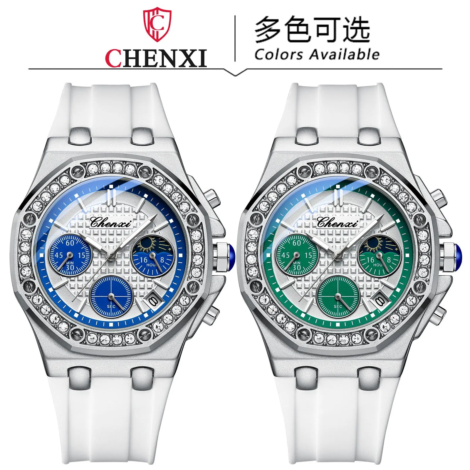 Chenxi Model Women's Quartz Watch Moon Phase Chronograph Diamond Watch