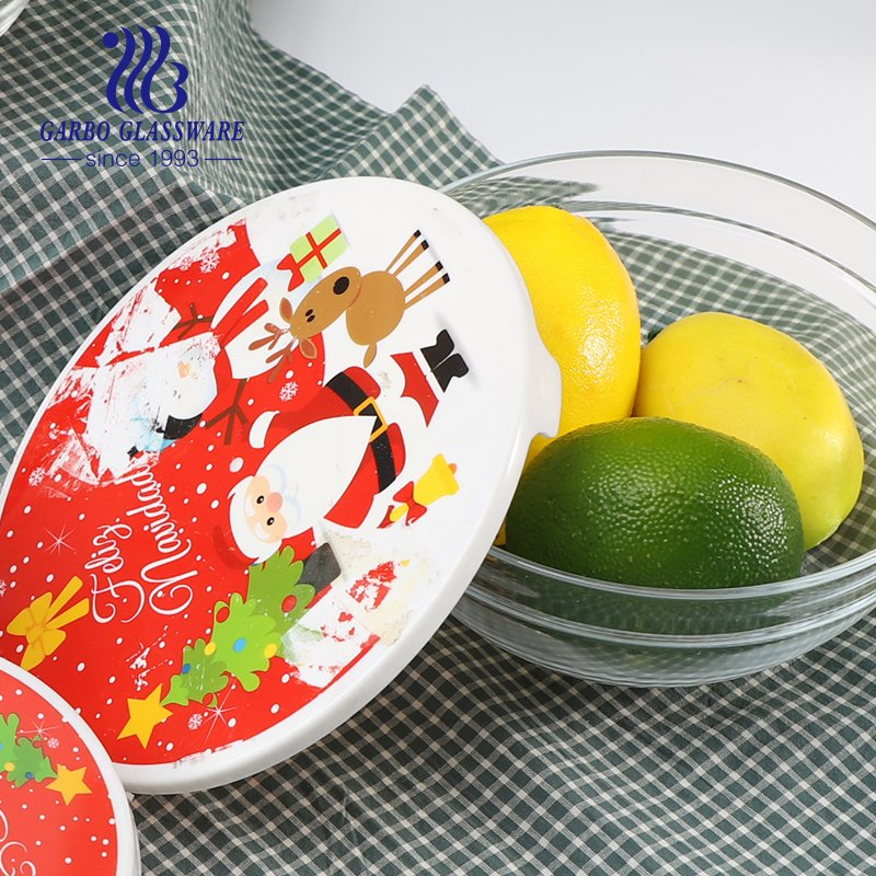 Christmas Salad Glass Mixing Bowls 5PCS Glass Bowl Set with Plastic Lid