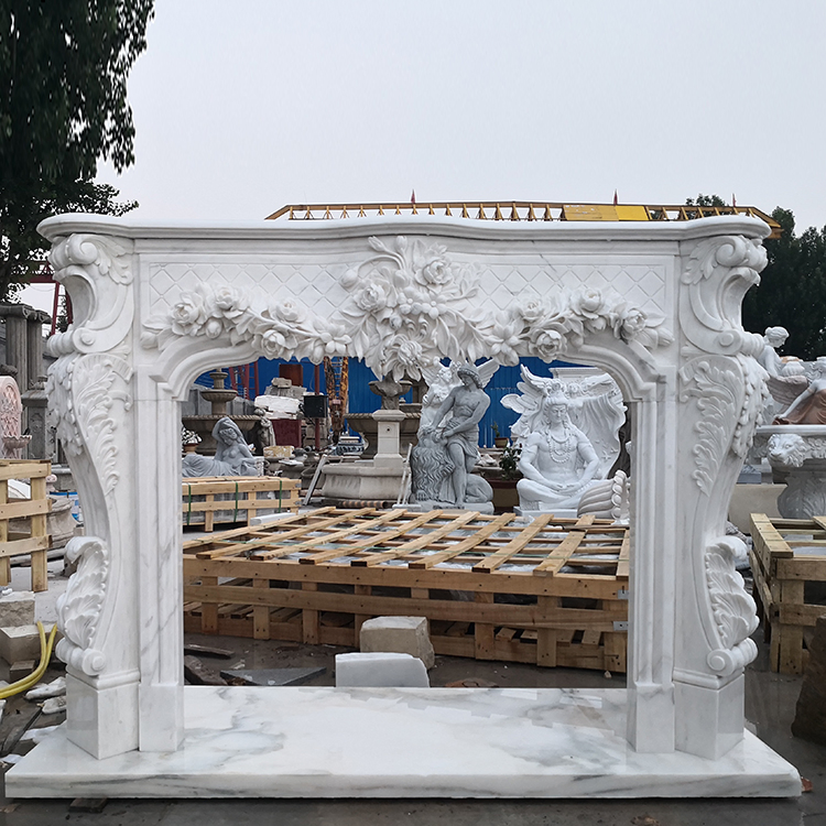 Factory Directly Supply Stone Indoor Fireplace Customized Size White Marble Angel Statue Fireplace Mantel