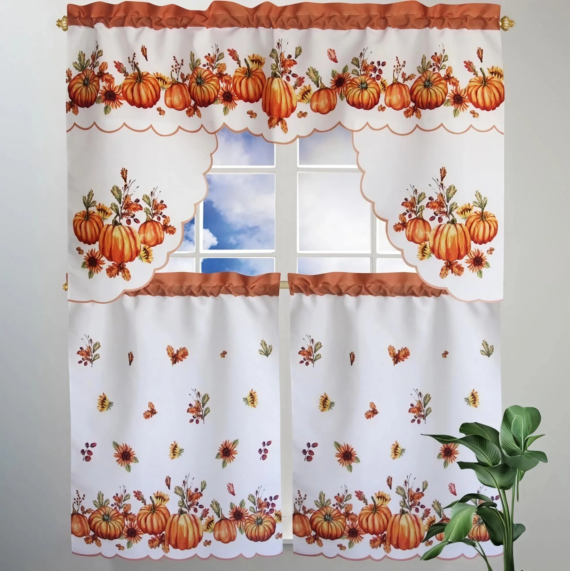 Big Pumpkin and Sunflowers 3-PCS Digital Printing Kitchen Curtain