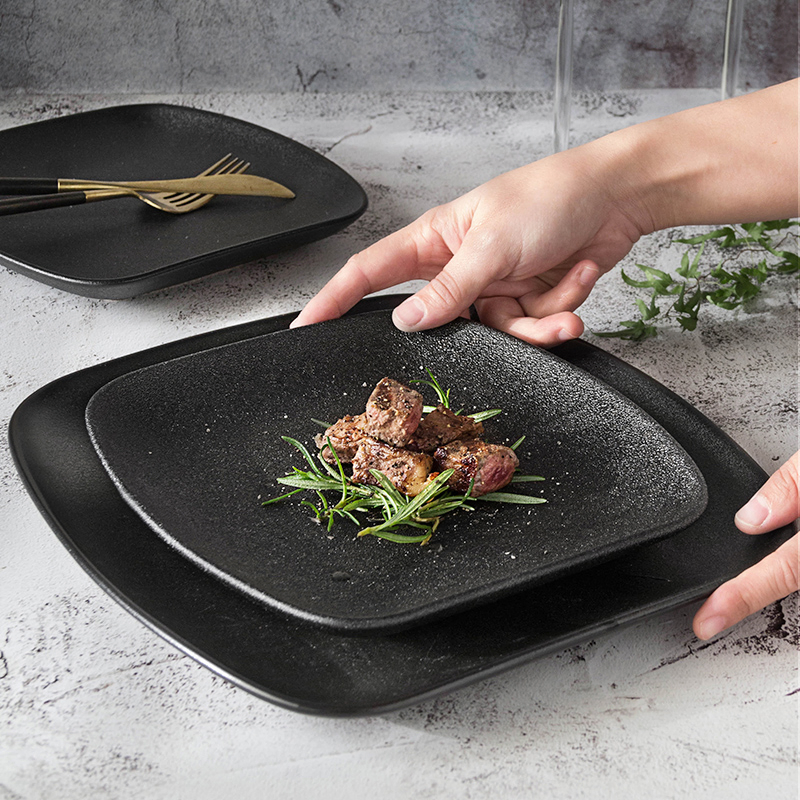 10 Inch Ceramic Square Flat Plates Cast Iron Black Steak Western Plate