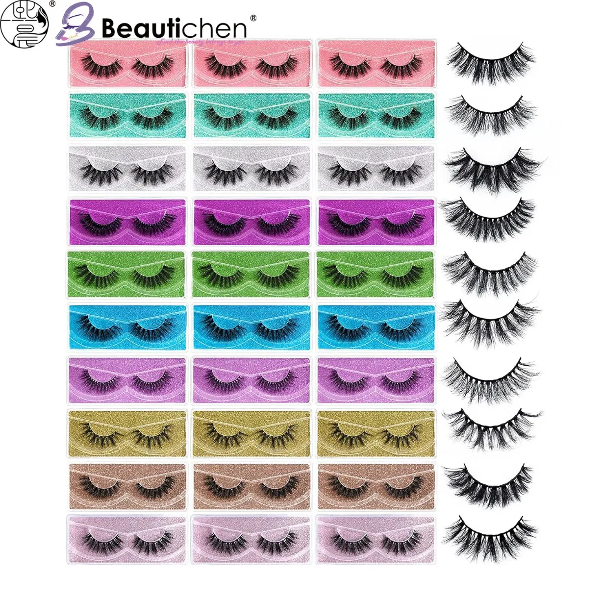 Beautichen 20 Pairs Thick & Curled False Eyelashes with Multi-Color Packaging – Natural Volume Lashes for Daily & Special Occasion Makeup