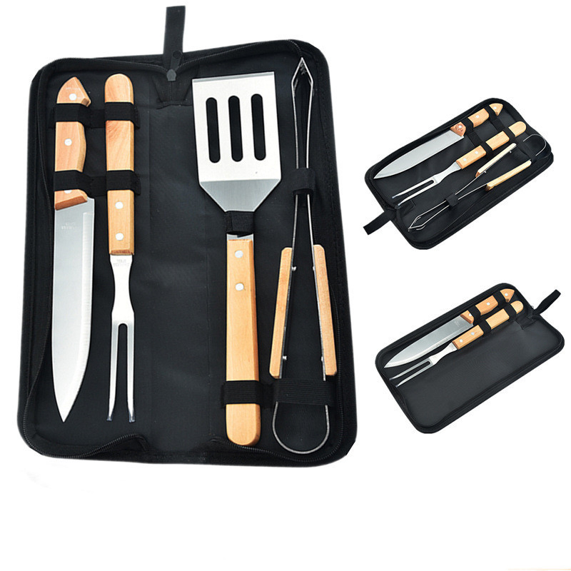 Grilling Accessories Kit with Portable Bag for Camping Extra Thick Stainless Steel Wooden Handle BBQ Utensils