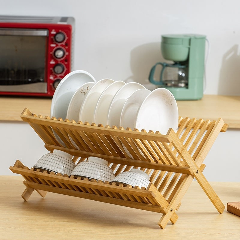 Elegant Wooden Bamboo Plate Dish Rack for Kitchen Organization