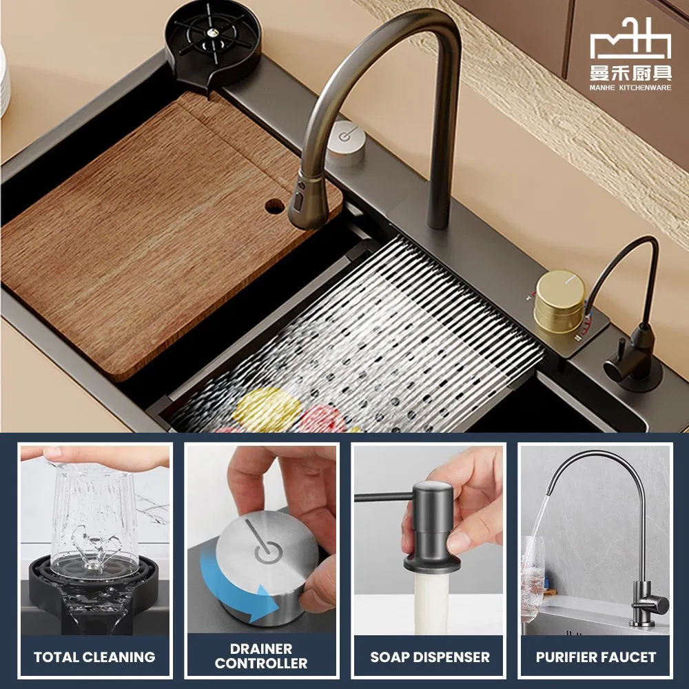 Factory Customised 304 Stainless Steel Single Kitchen Sink with Waterfall Faucet Regular Style Wire Drawing Gold Flying Rain Sink