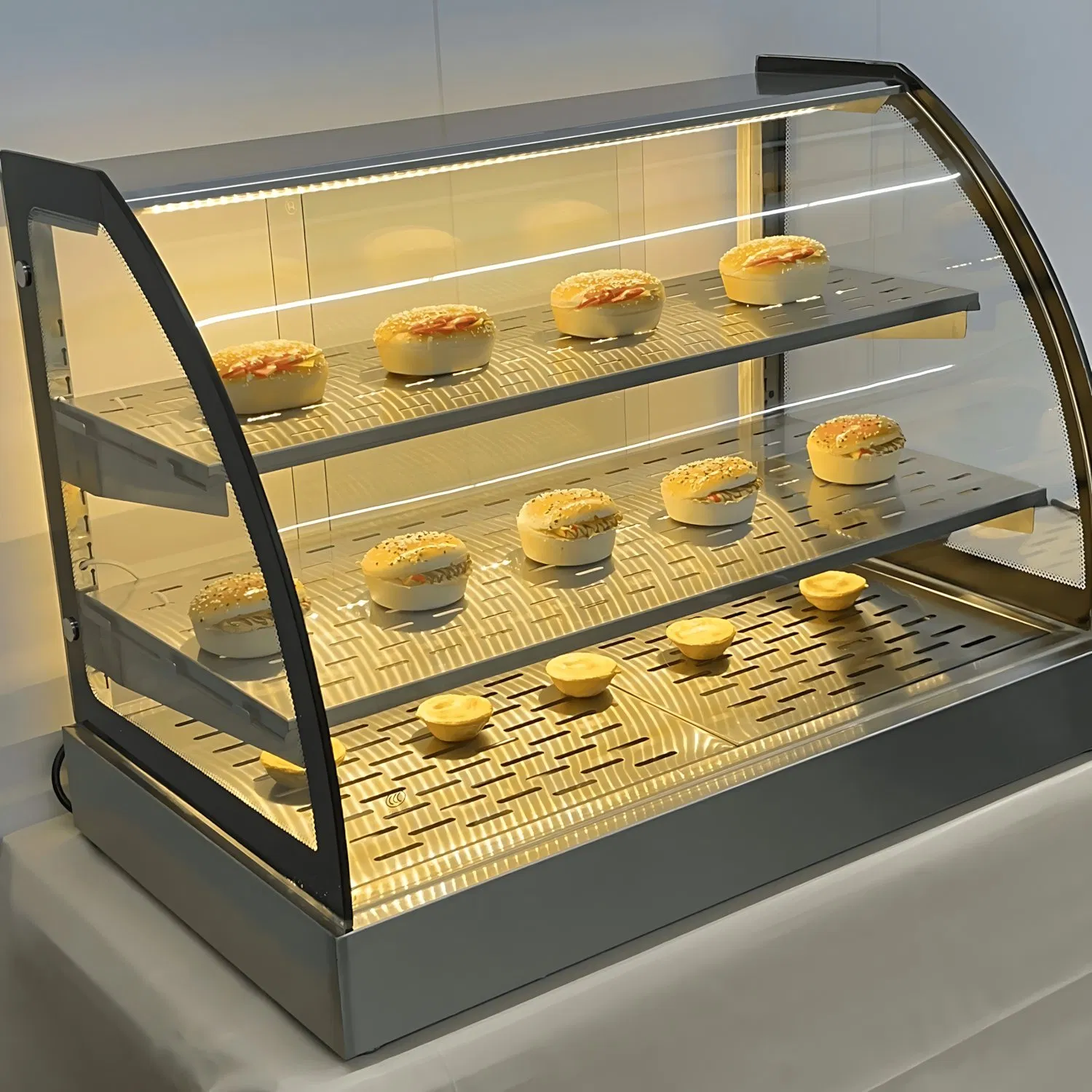 Modern Curved Glass Food Warmer Display Cabinet with Sleek Design for Buffet and Restaurant Use