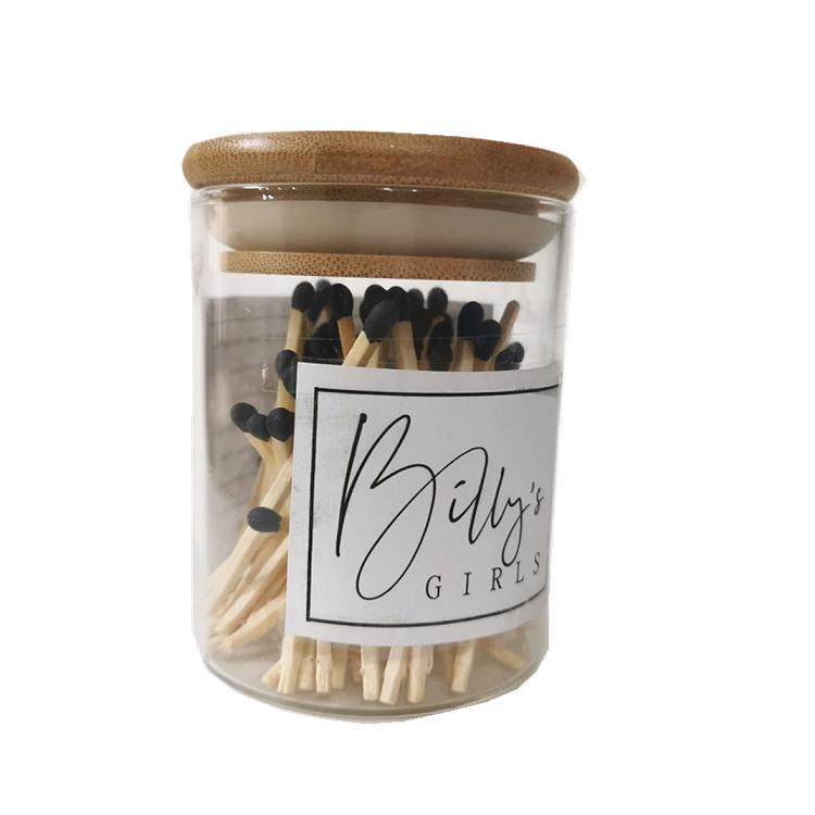 65mm Black Tip Matches in Glass Jar with Striker and Labels