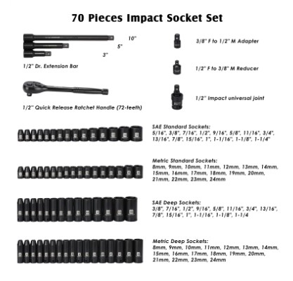 Набор ударных головок 1/2 дюйма, 70 предметов, SAE и метрика