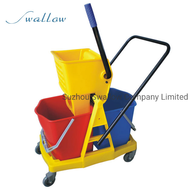 China Hospital Airport Cleaning Folded Hand Double Bucket Mop Wringer Trolley