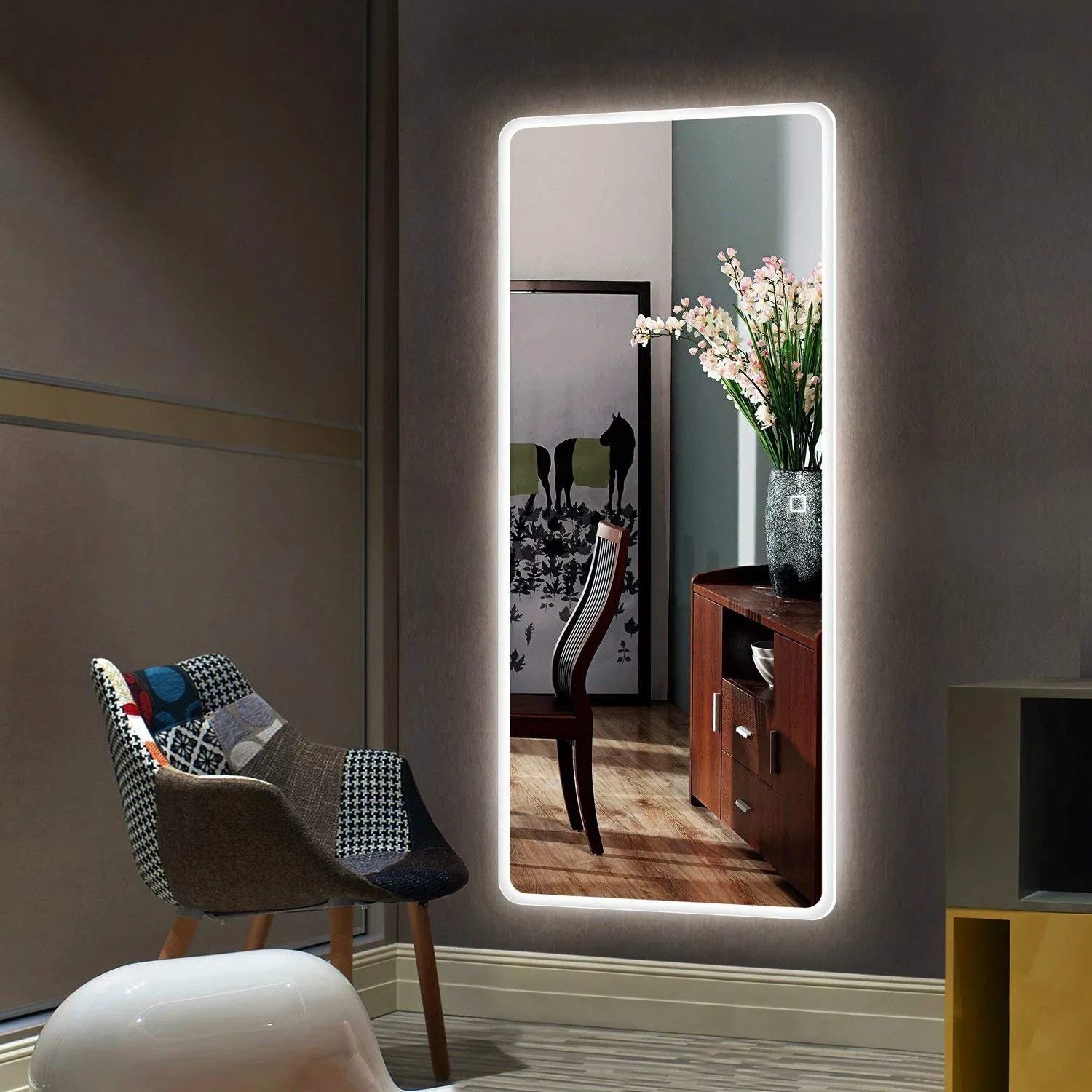 Vanity Bathroom Home Hotel Smart Furniture Mirror Silver Coating Frameless Wall Mounted LED Illuminate Backlit Silkscreen Mirror