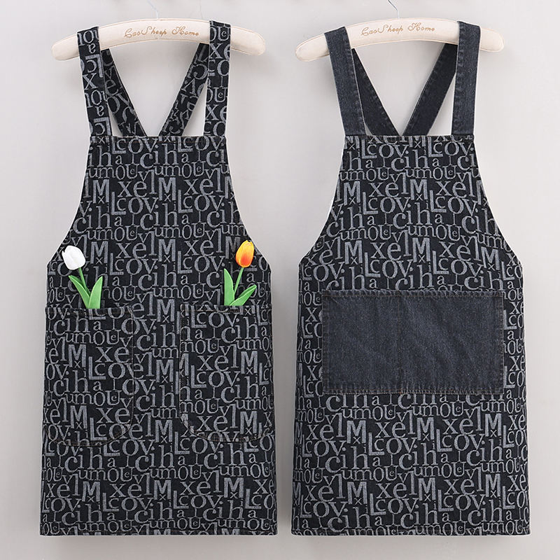 Denim Fabric Double Pockets Customize Embroidery Logo Painting Custom Multiple Colors Apron