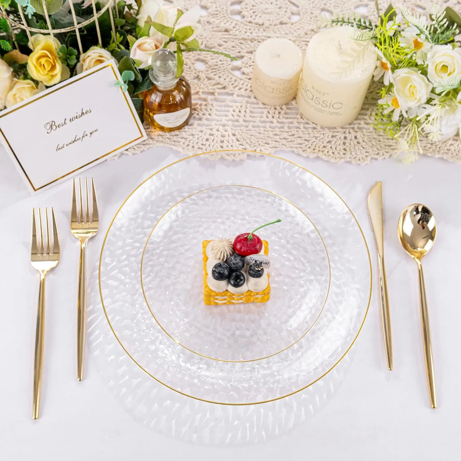 Clear Plastic Plates, Clear Disposable Plates with Gold Rim