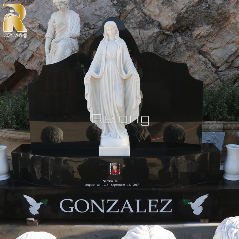 Custom Black Marble Memorial Headstone Tombstone with White Marble Weeping Angel Statue
