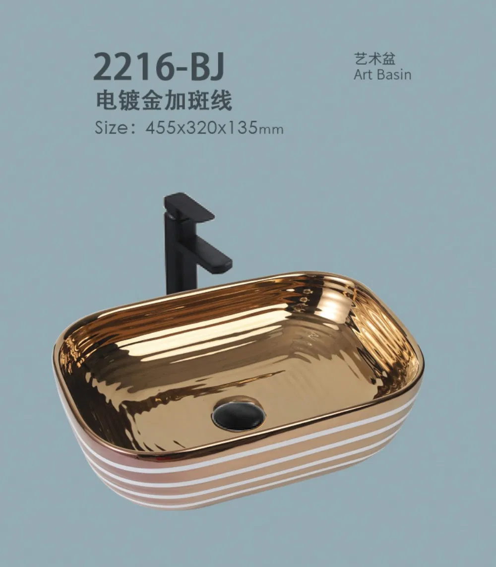 Oval Shape Above Counter Mounted Glaze Porcelain White Color Handmade Electroplated Sink Bathroom Ceramic Handmade Face Wash Basin