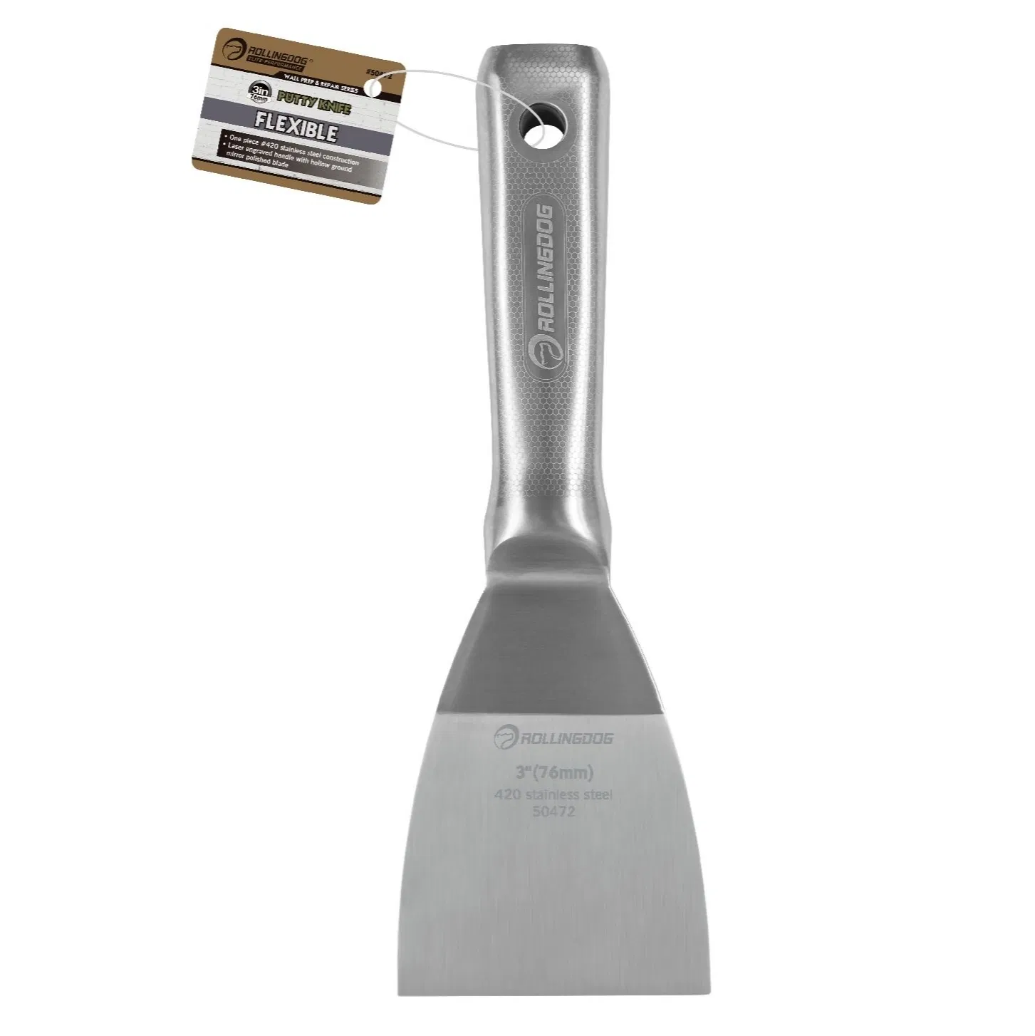 Rolingdog-Elite 50472 Stainless Steel 3 Inch Putty Knife Flexible All-Metal Mirror Polished